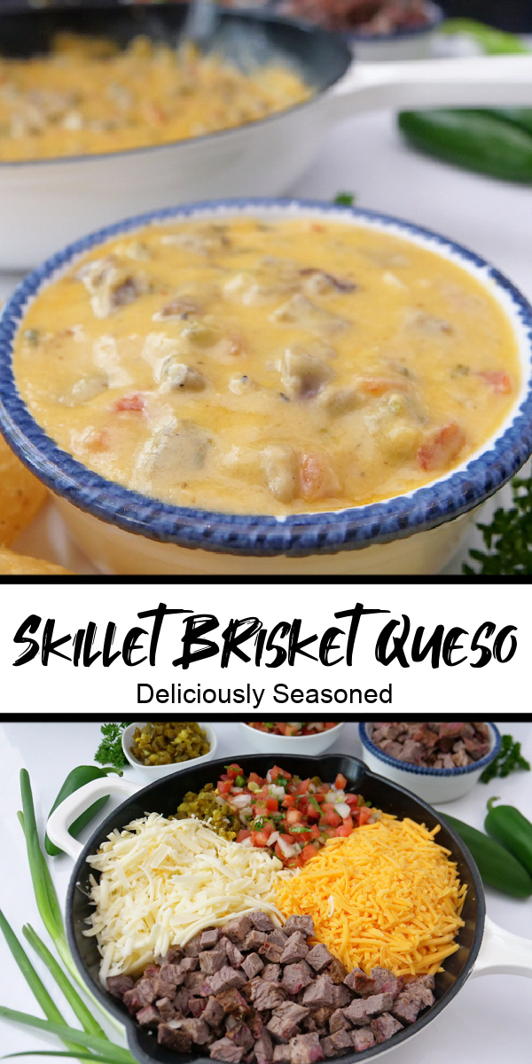 A double collage photo of skillet brisket queso.