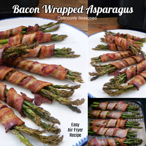 A photo collage with three photos of bacon wrapped asparagus that was cooked in the air fryer.