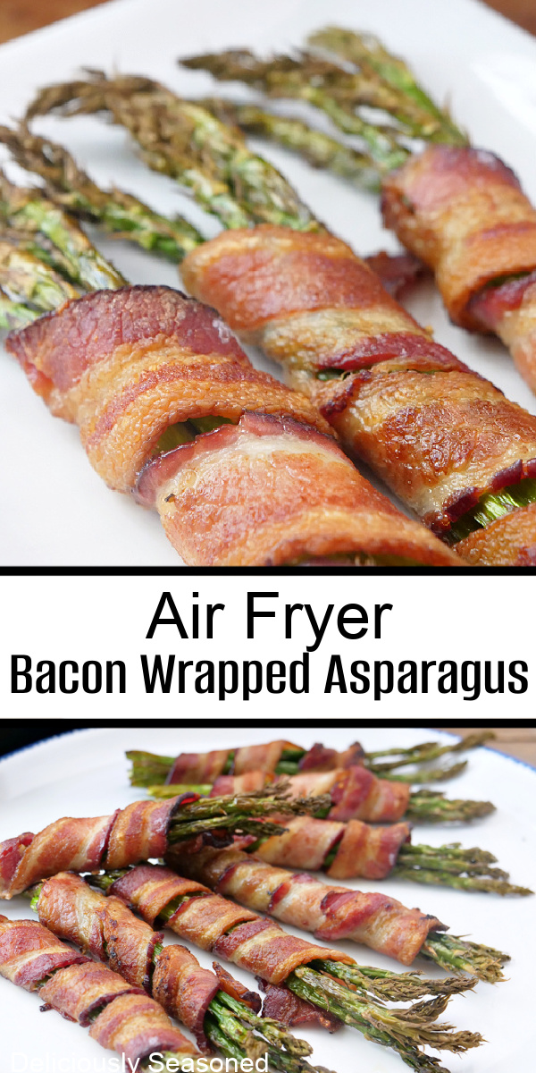 A double collage photo of air fried bacon wrapped asparagus on a white plate.