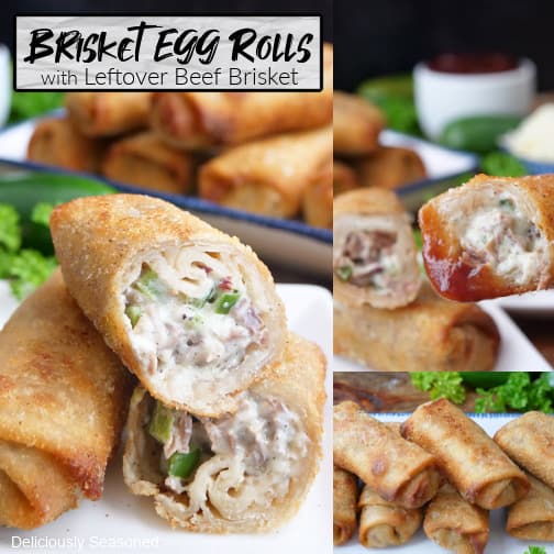 A three photo collage of brisket egg rolls with the title of the recipe at the top.