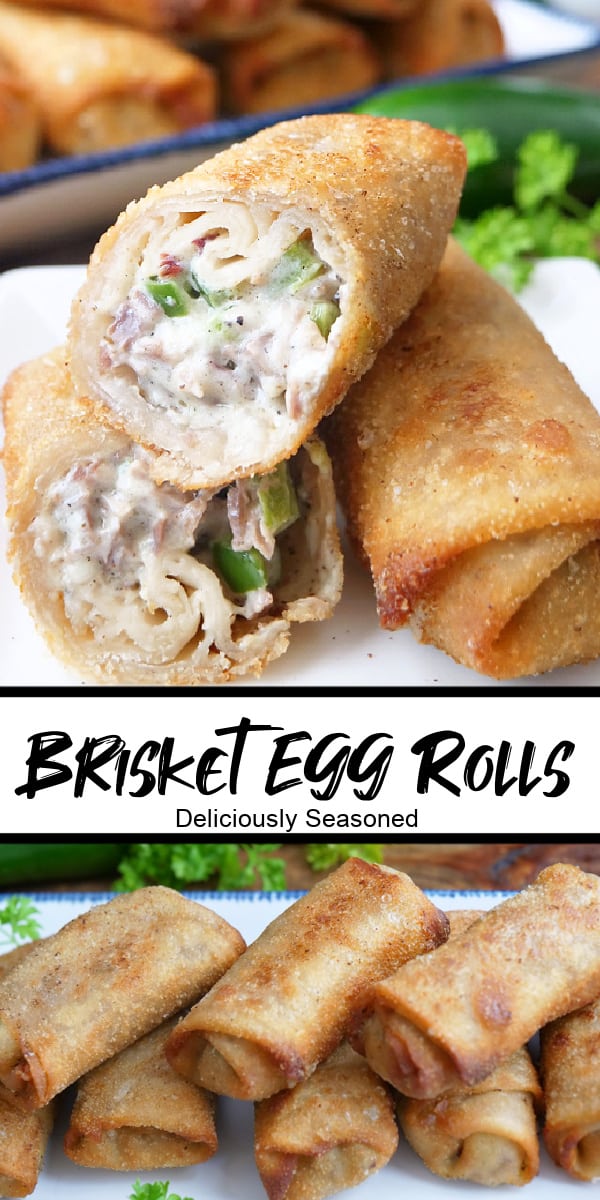 A double collage photo of brisket egg rolls on a white plate with one of them sliced in half to see the inside ingredients.