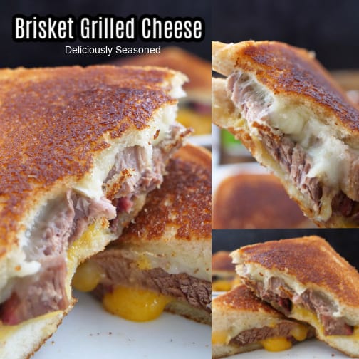 A three collate photo of grilled texas toast with brisket and type types of cheese.