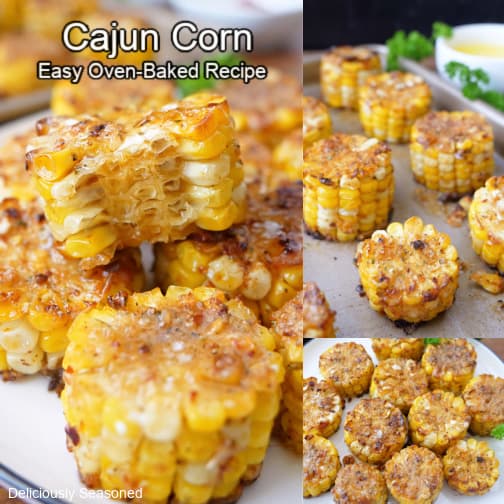 A three collage photo of mini Cajun corn on the cobs.