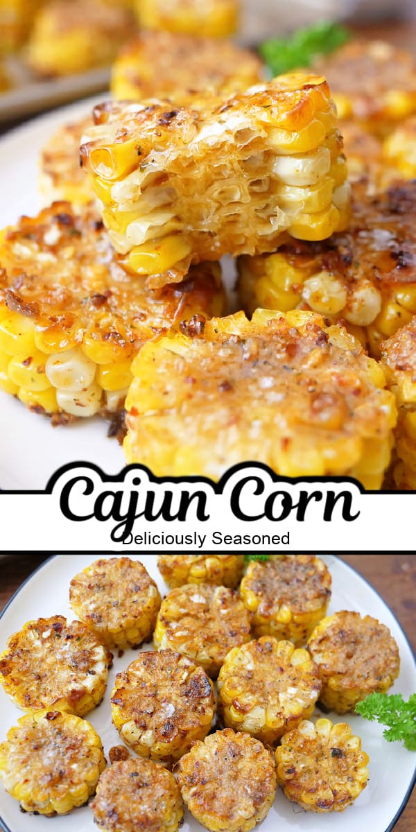 A double collage photo of Cajun corn on the cob.