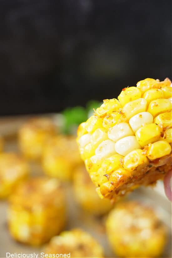 A close up of a piece of corn on the cob held close to the camera lens.