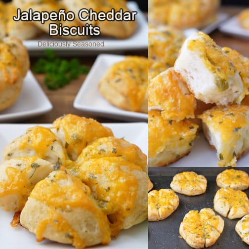 A three collage photo of jalapeno cheddar biscuits.
