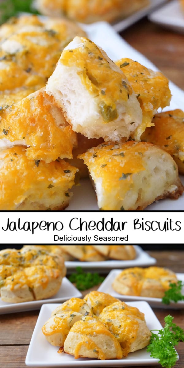 A double collage photo of biscuits with cheese and jalapenos on to.