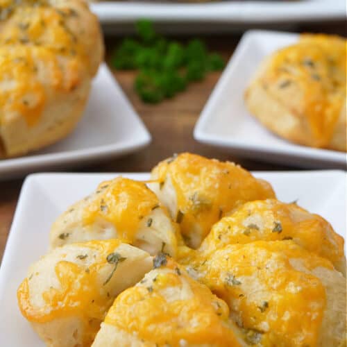 Four small white plates with jalapeno cheddar biscuits on them.