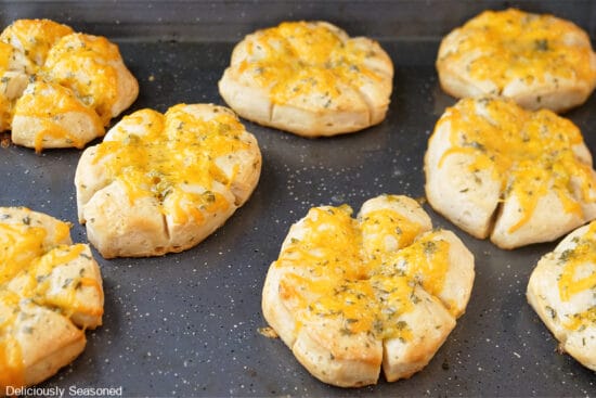 A horizontal photo of a baking sheet with eight cheesy biscuits on it.