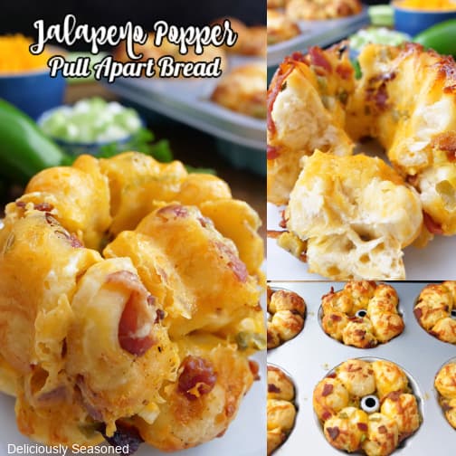 A three collage photo of jalapeno popper pull apart bread.