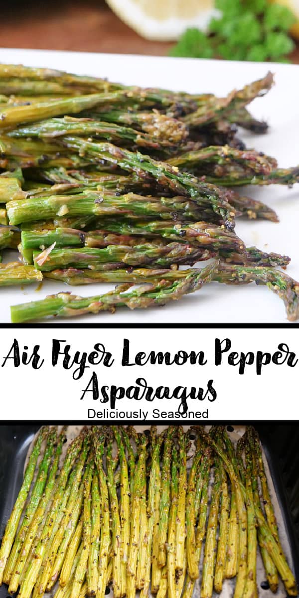 A double collage photo of lemon pepper asparagus that has been air fried.