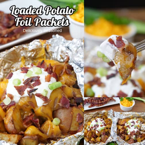 A three collage photo of potato foil packets topped with sour cream, cheese, bacon and green onions.