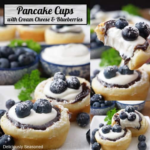A three collage photo of pancake cups with hot fudge, cream cheese and blueberries.