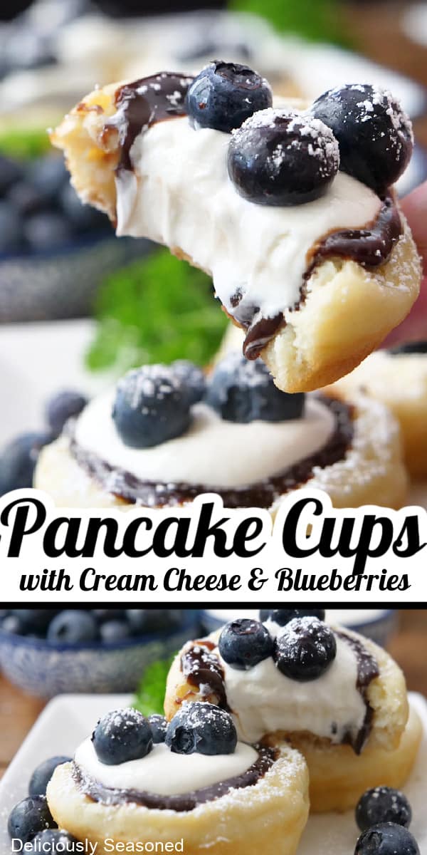 A double collage photo of pancake cups with cream cheese and blueberries.