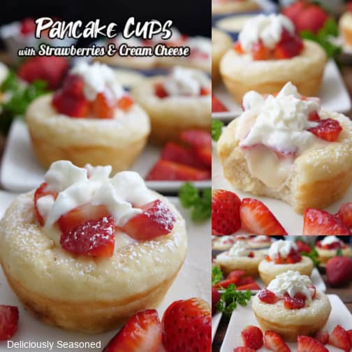 A three collage photo of pancake cups filled with cream chees and topped with strawberries and whipped cream.
