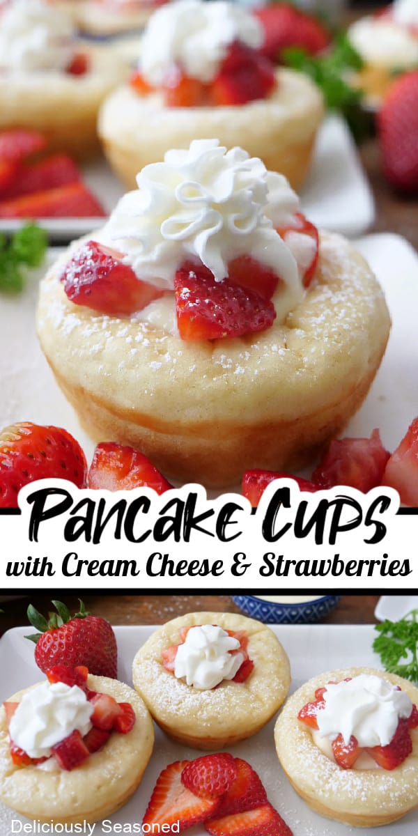 A double collage photo of pancake cups with strawberries, cream cheese and whipped cream.