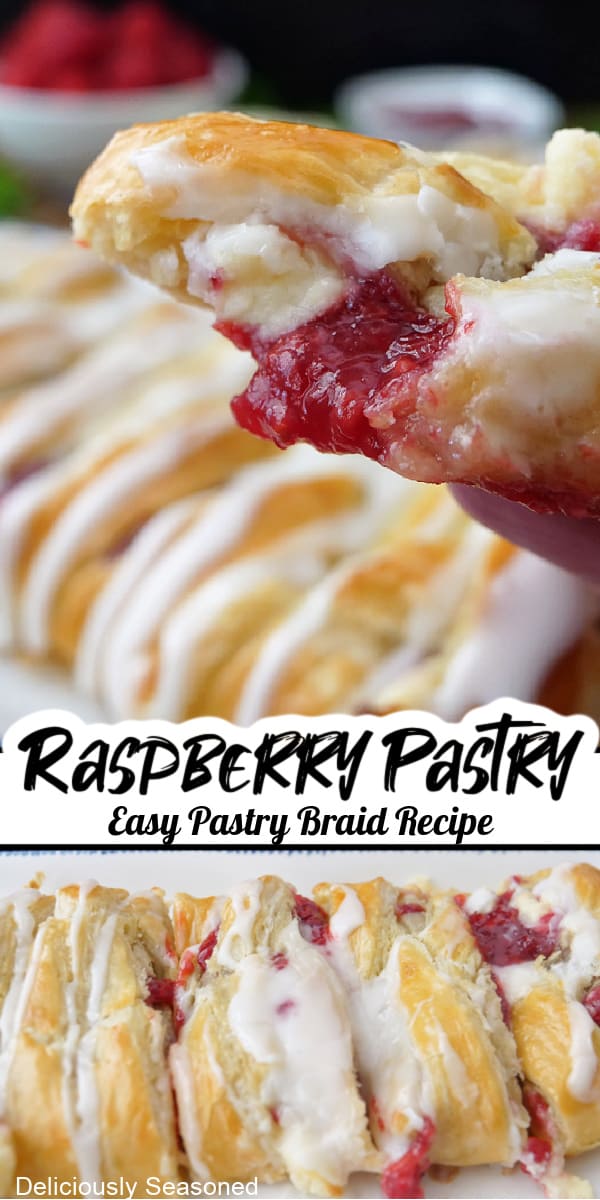 A double collage photo of a raspberry pastry braid on a white plate.