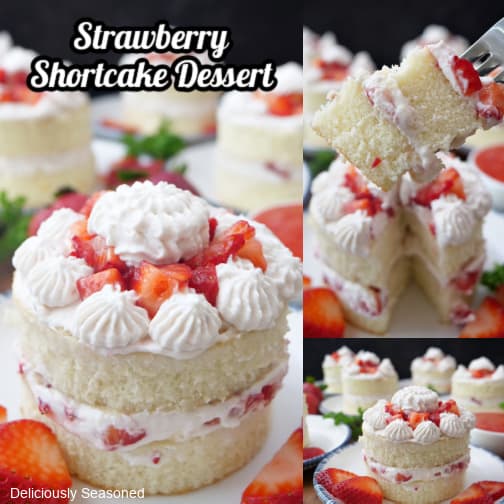 A three collage photo of strawberry shortcake dessert.