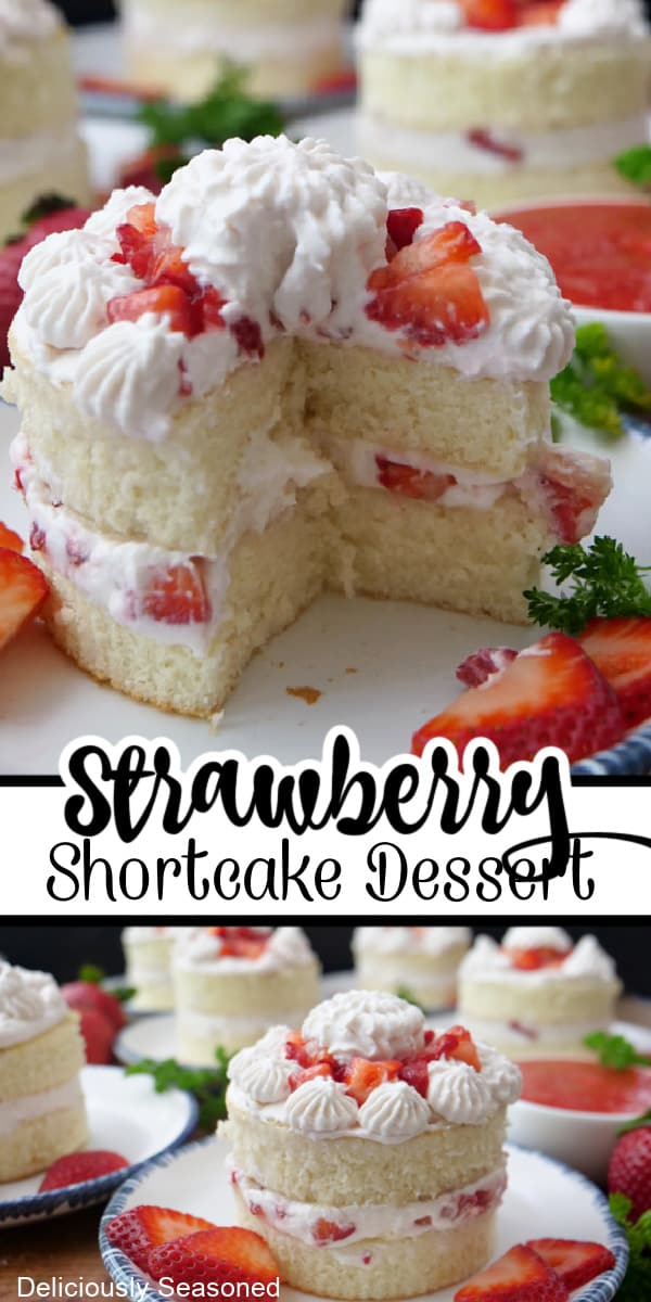 A double collage photo of a mini two-layer cake with homemade whipped cream and strawberries.