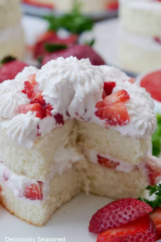 A close up of a strawberry shortcake with fresh strawberries and whipped cream.