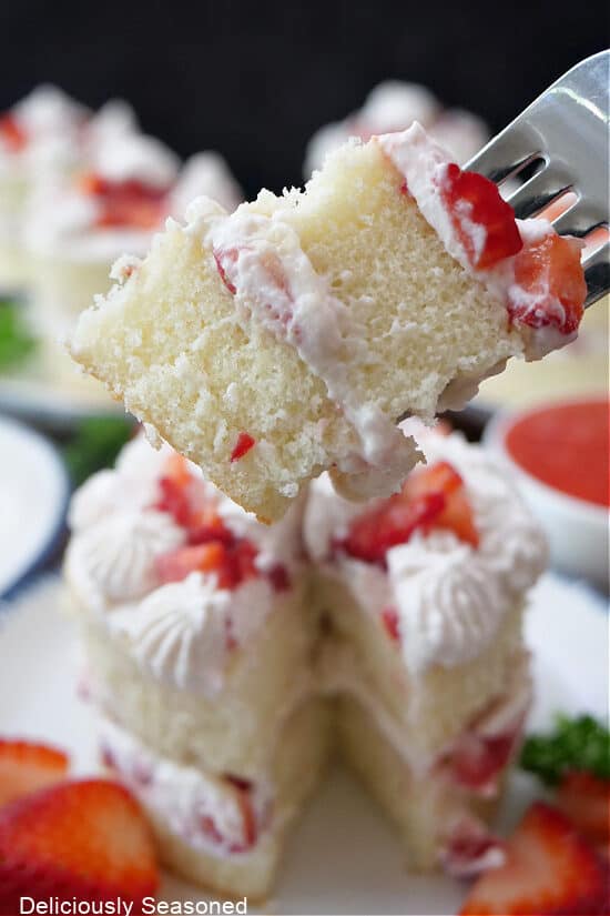 A close up photo of a bite of cake on a fork.