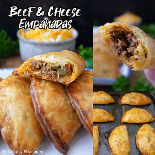 A three collage photo of beef and cheese empanadas.