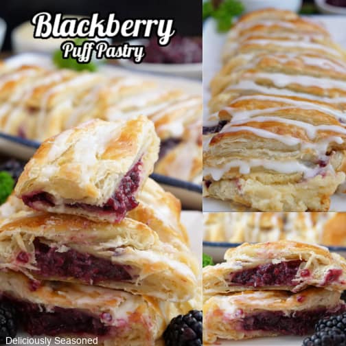 A three collage photo of blackberry puff pastry.