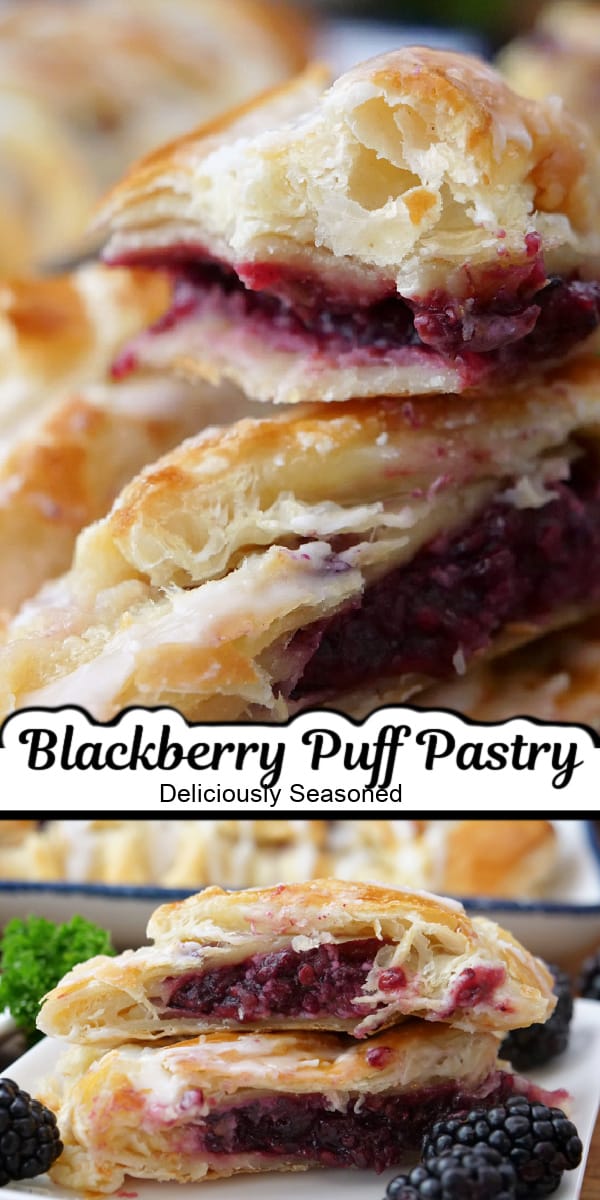 A double collage photo of a blackberry cream cheese puff pastry.
