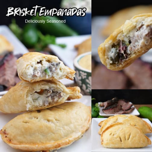 A three collage photo of beef brisket empanadas.