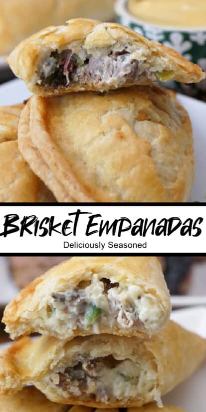 A double collage photo of empanadas made with leftover brisket