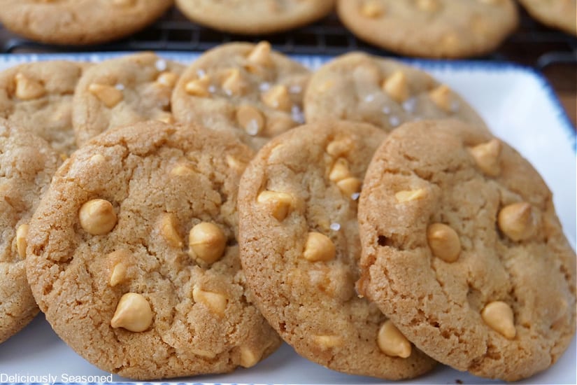 A horizontal photo of eight cookies on a white plate with blue trim.