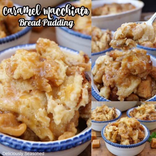 A three collage photo of bread pudding in white bowls with blue trim.