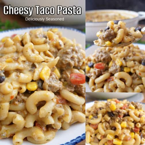 A three photo collage of cheesy taco pasta.