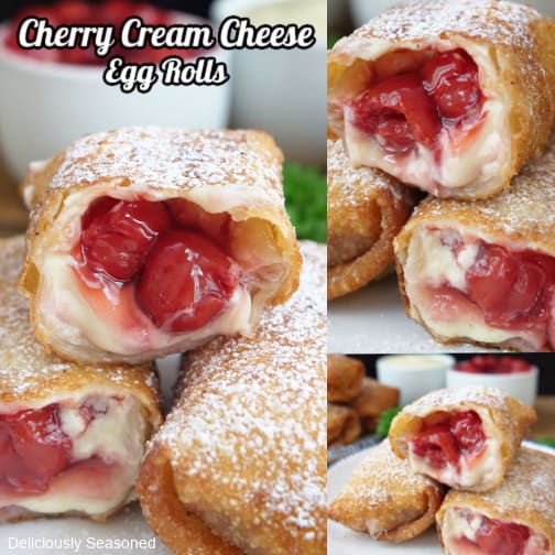 A three collage photo of cherry cream cheese egg rolls.