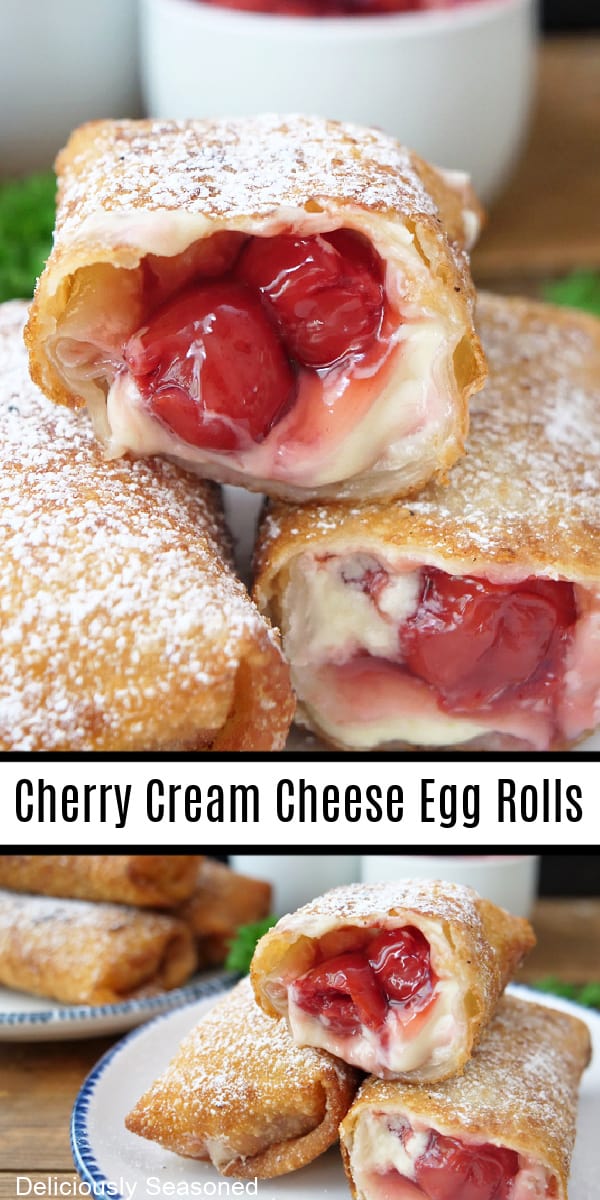 A double collage photo of cherry cream cheese egg rolls.