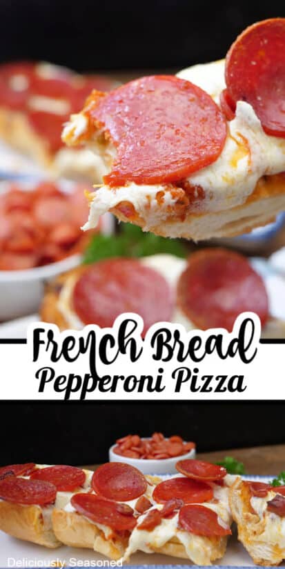 A double collage photo of French bread pepperoni pizza.