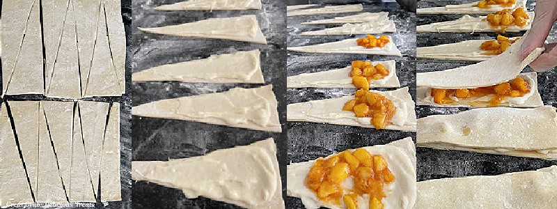 Four photos of how to cut the pastry and fill it.