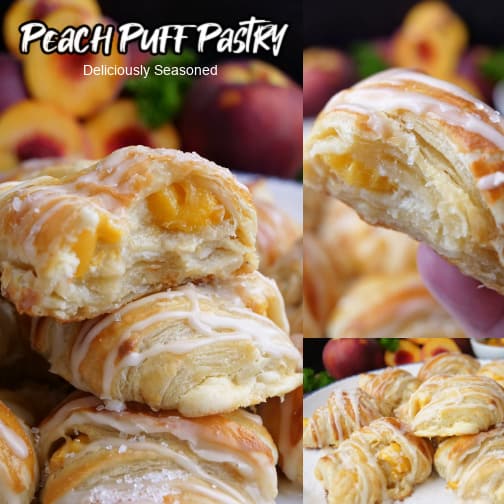 A three collage photo of peach puff pastries.