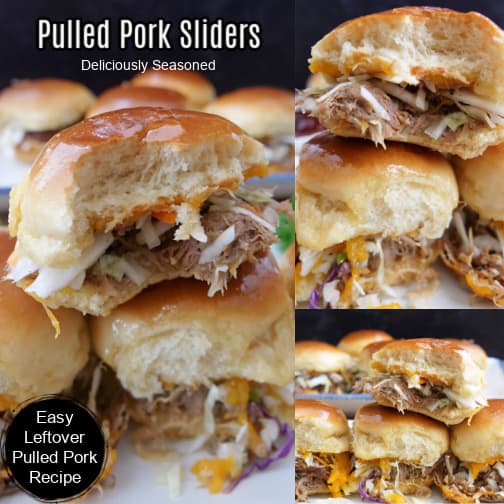 A three collage photo of pulled pork sliders on a white plate.