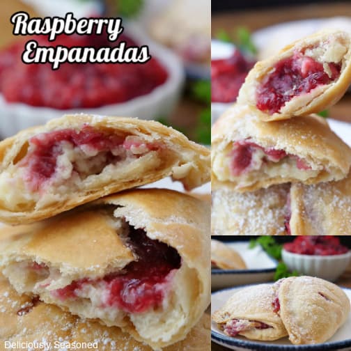A three collage photo of raspberry empanadas.
