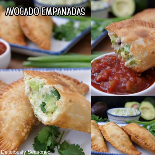 A three photo collage of deep fried avocado empanadas.