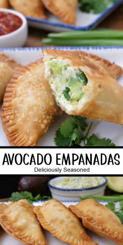 A double photo of deep fried empanadas filled with avocados, cheese, and cream cheese.