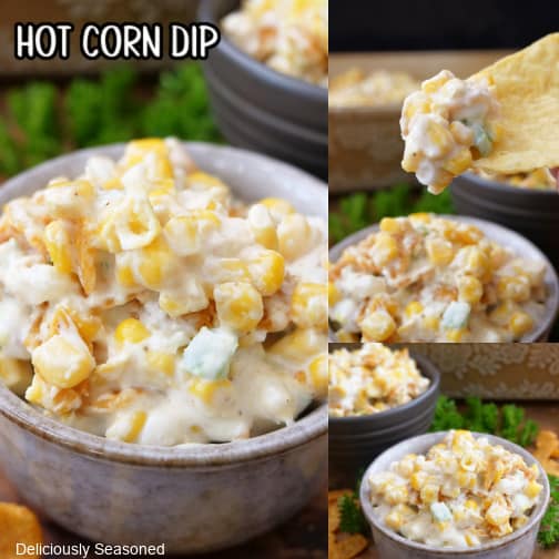 A three photo collage of corn dip in a grey bowl.