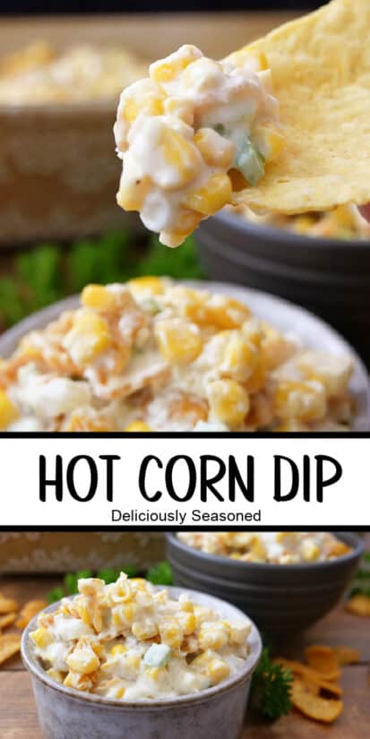A double photo collage with hot corn dip.