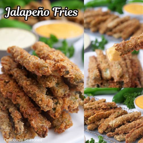 A three photo collage of crispy dried jalapeno strips.