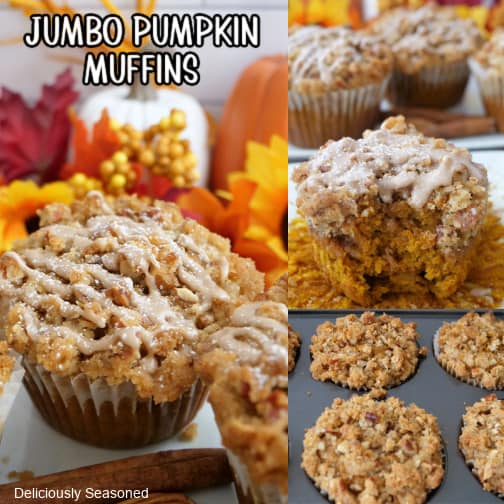 A three collage photo of jumbo pumpkin muffins.