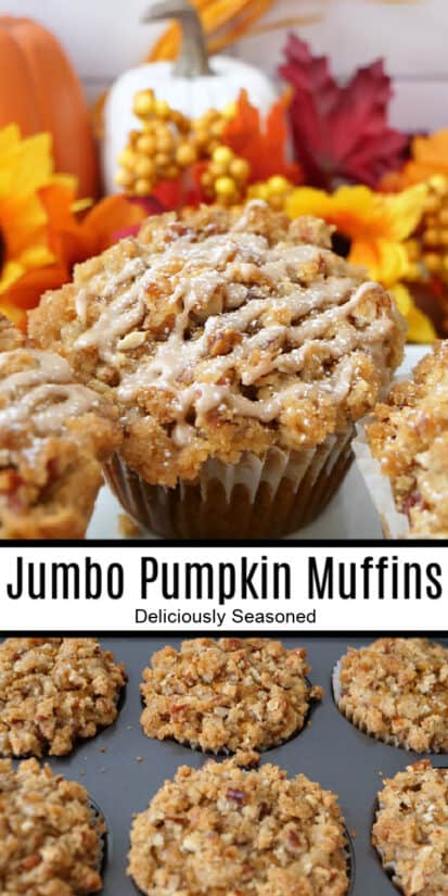 A double photo collage of jumbo pumpkin muffins.