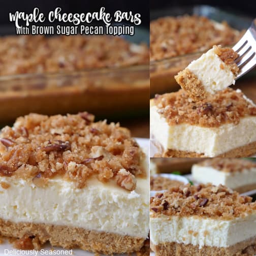 A three collage photo of maple cheesecake bars with a brown sugar pecan topping.