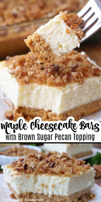 A double photo collage of maple cheesecake bars with a pecan crumb topping on top.