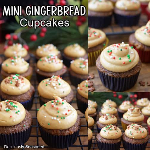 A three collage photo of mini gingerbread cupcakes.